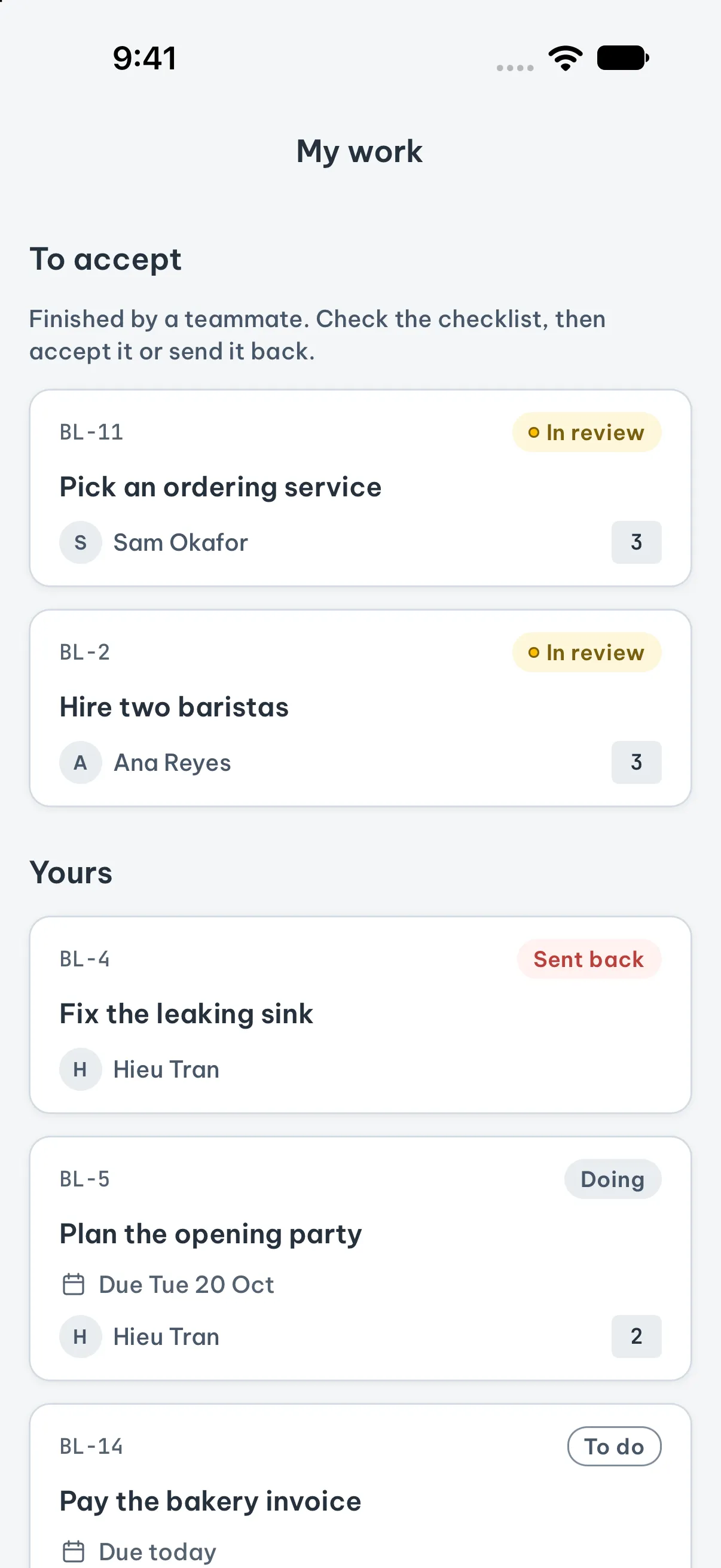 My work: tasks to accept and tasks of your own, with their states