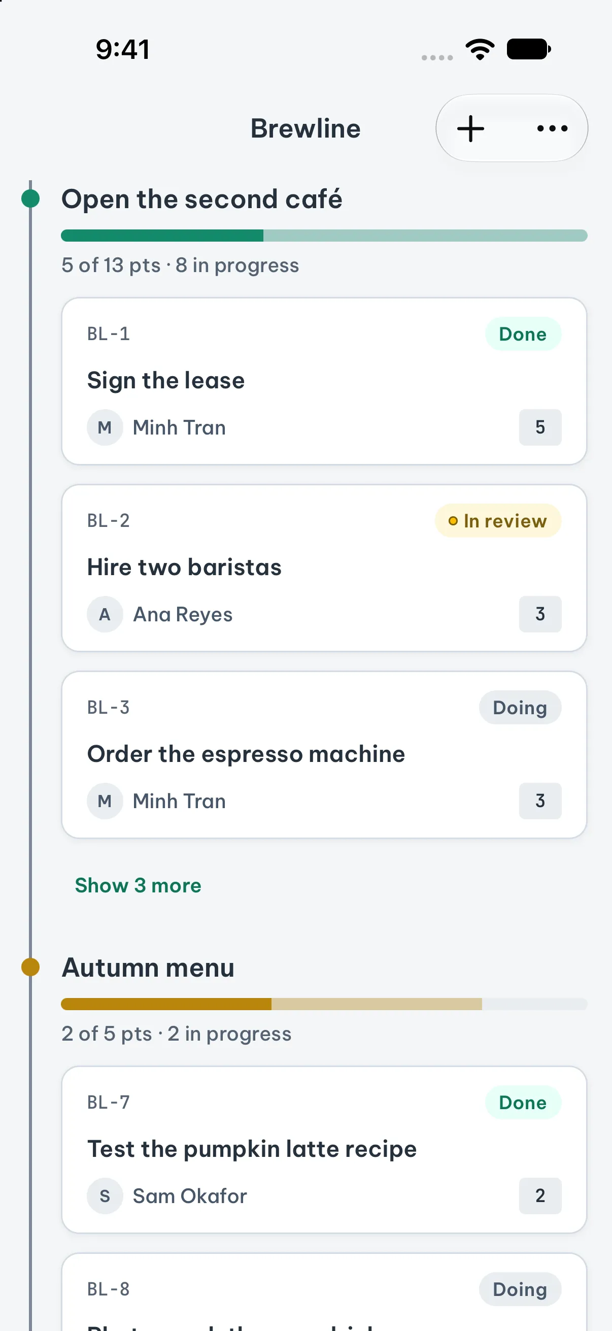 A workspace's goals and their tasks in Fibotree