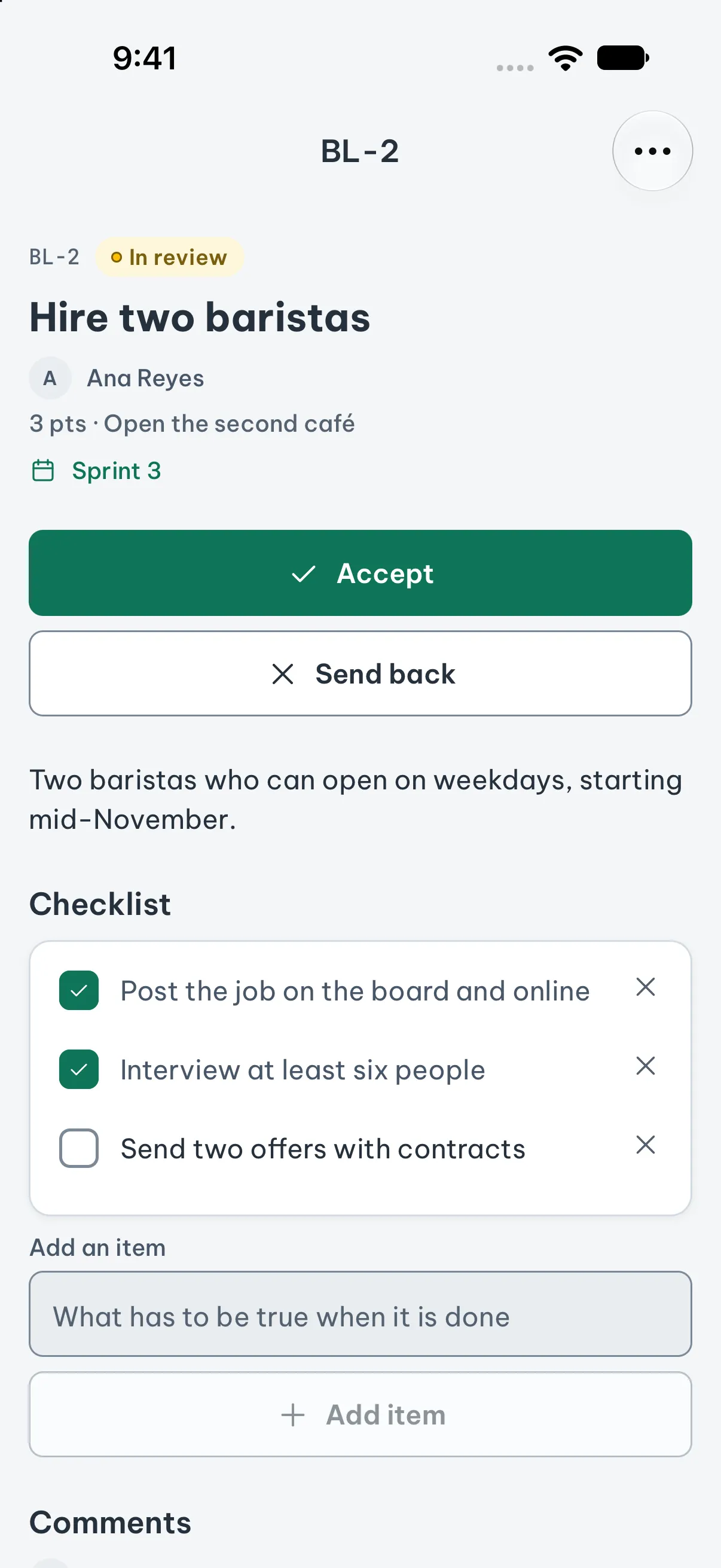 A task waiting for review, with Accept and Send back