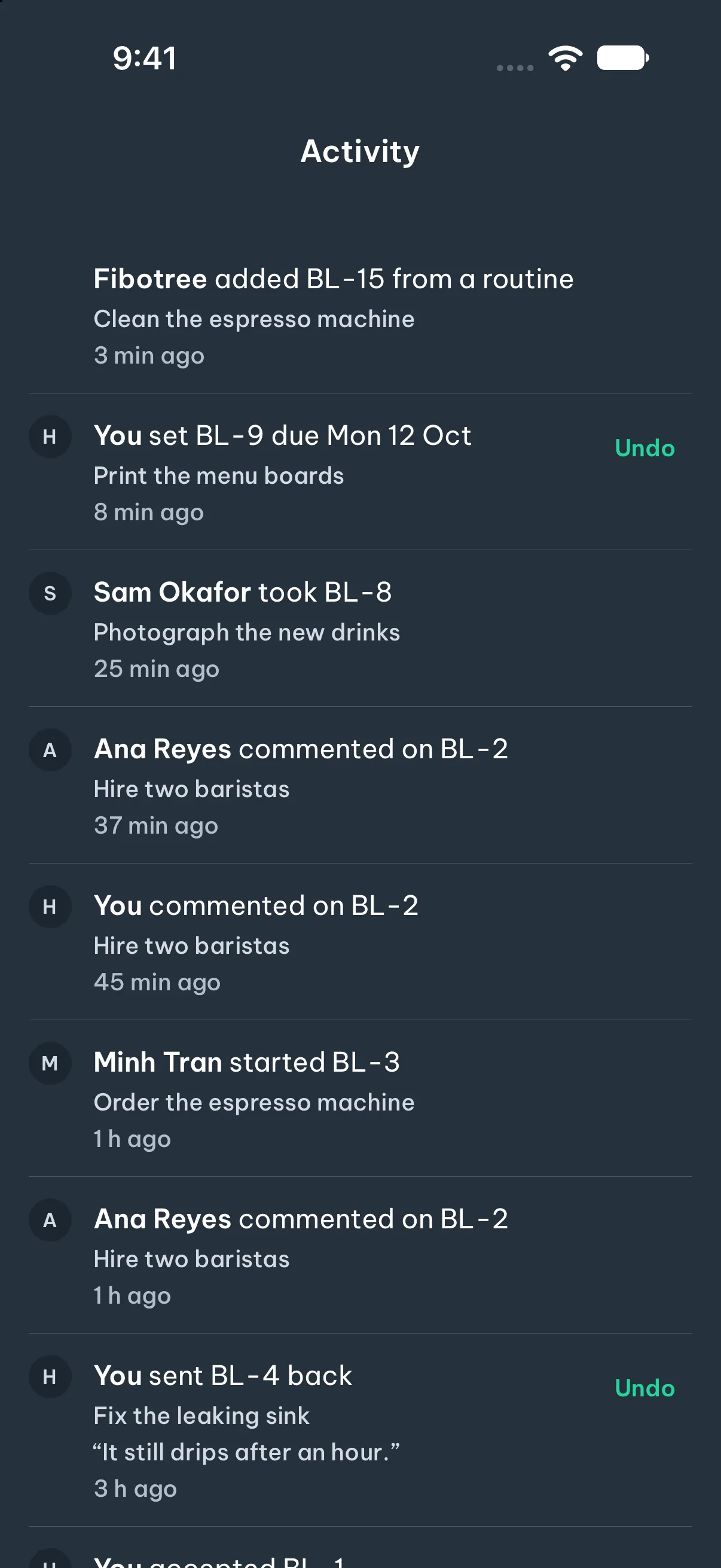 The activity list: who changed which task, with Undo on your own changes